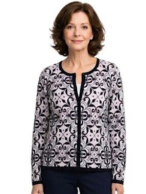 C&K Designs Pink & Navy Blue Pattern Button Down Cardigan Sweather Size XL